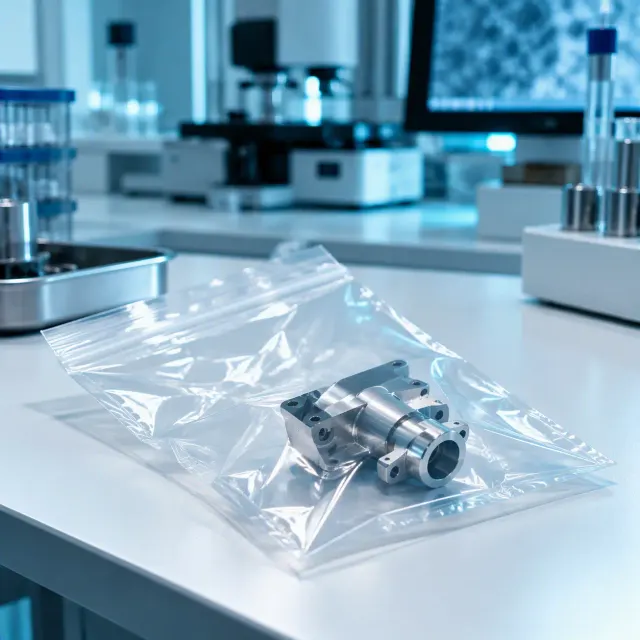 Metallbauteil im Probenbeutel auf dem Labortisch